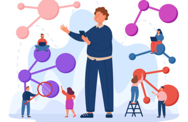 Tiny Cartoon Scientists Studying Complex Molecules. People Check